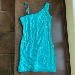 Aqua Sequin One Shoulder Mini Dress